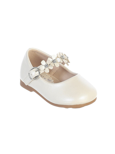 Little Girls Ivory Flower Adorned Strap Leatherette Mary Jane Shoes 5-8 Toddler - SophiasStyle.com